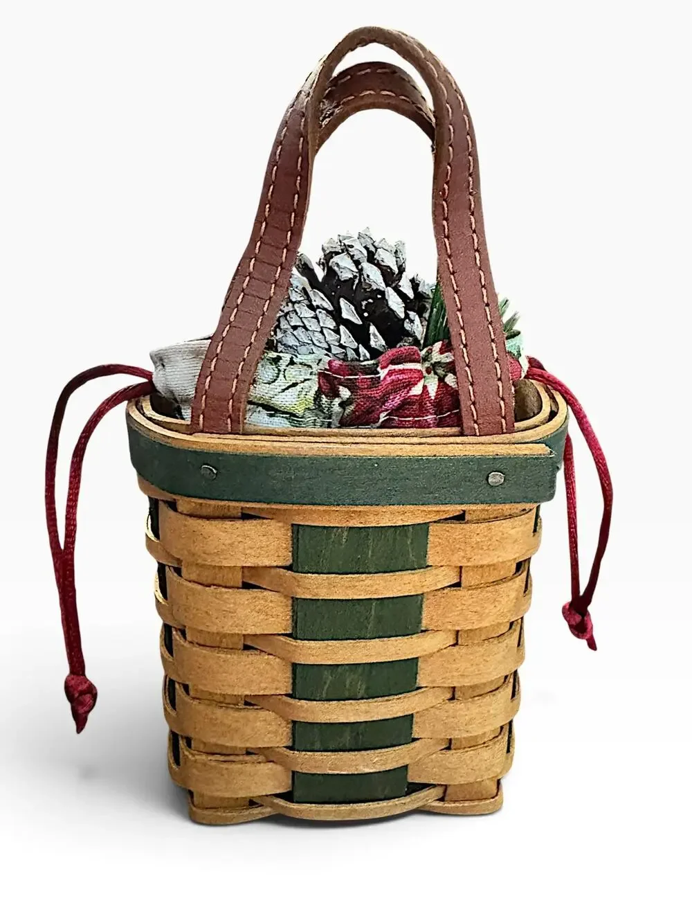 Longaberger Mini Christmas Basket Green Leather Handles Holiday Pinecone Decor